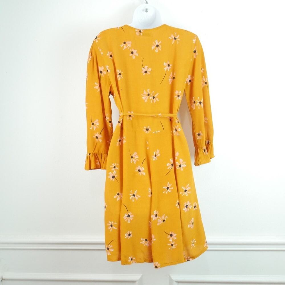 Faithfull the Brand Floral Wrap Dress Yellow Daisy V Neck Boho Ruffle Size 8 - Picture 9 of 9